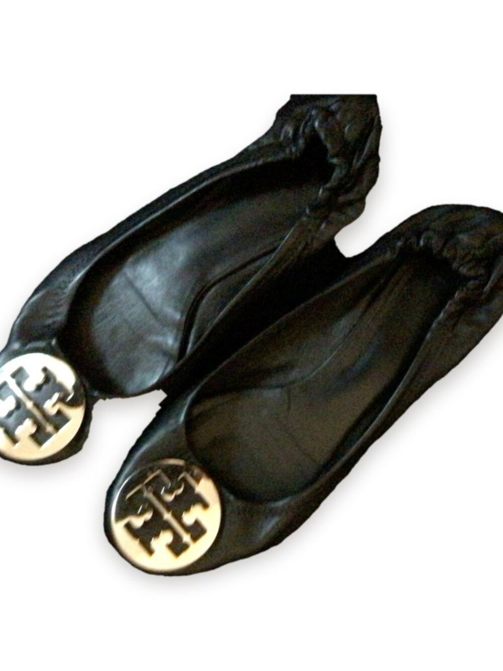 Tory Burch Reva Ballet Flats Black Leather Silver Logo Size 9